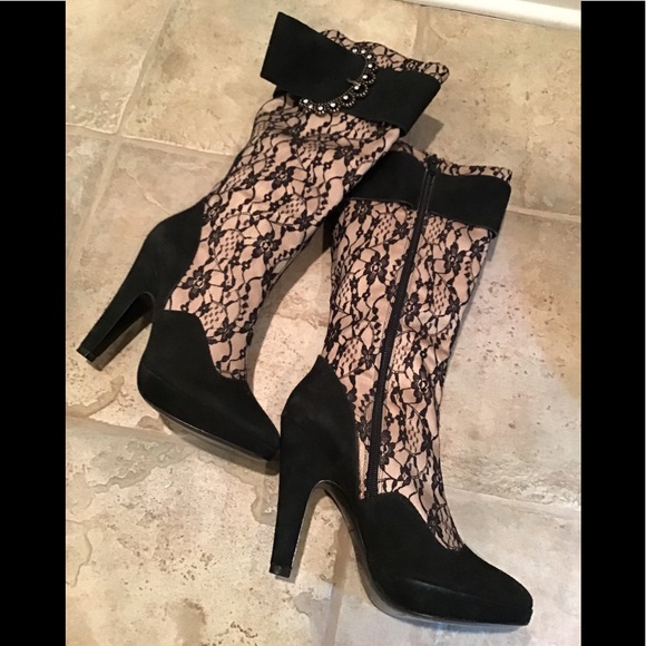 Hale Bob Lace and Suede Stacked Heel Boots 8M - Picture 4 of 9